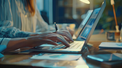 Poster - business team using a laptop is doing a marketing report on workplace