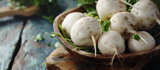 Wall Mural - White Radishes in a Wooden Bowl
