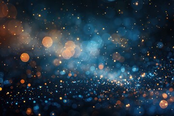 The image is a blue and orange background with many small, glowing dots