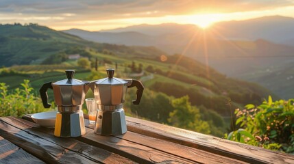 Morning Bliss:Outdoor Coffee Makers on Wooden Table with Mountain View and Sunrise
