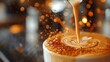 © TranNgoc - Close-up of milk pouring into a cup of espresso, capturing the detailed swirl and the creamy mix. Background features a softly blurred cafe setting with warm ambient light. Created using: DSLR,