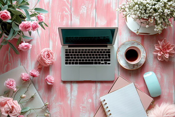 Wall Mural - Flat lay laptop is on a table with a cup of coffee and a mouse. The table is decorated with flowers and a pink background. Concept of productivity and relaxation