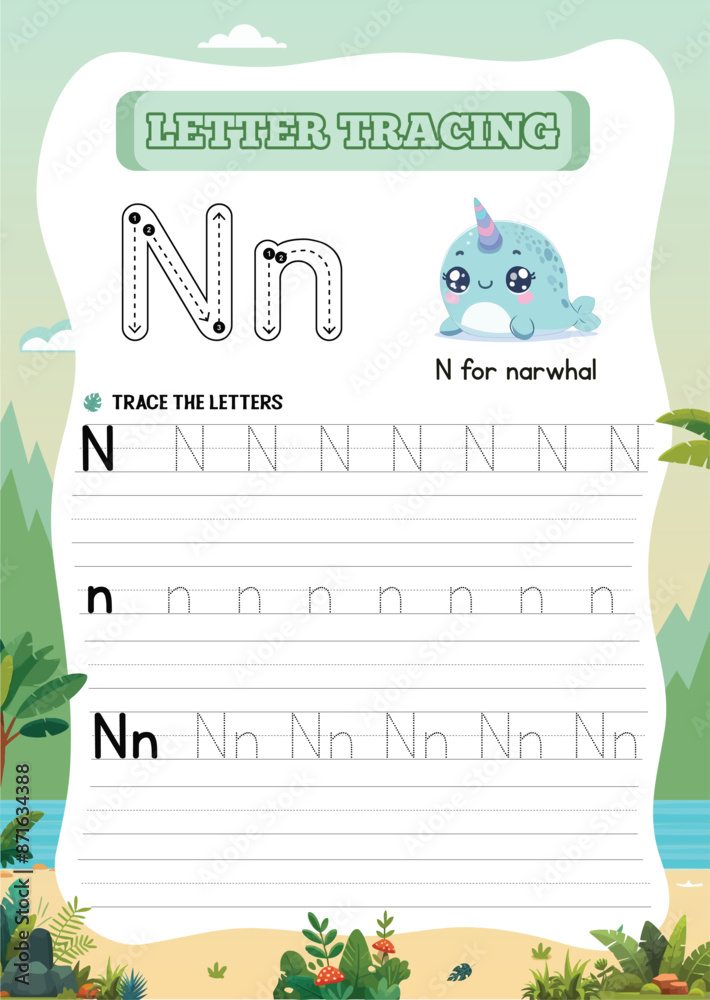 Animal letter tracing worksheet for kids Nn Stock Vector | Adobe Stock