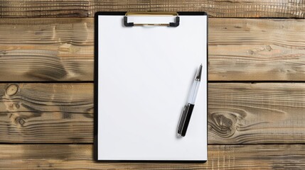 Pen on clipboard with blank paper on wooden surface