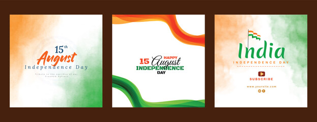 Sticker - vector illustration of 15th August india Happy Independence Day social media three post design with abstract grunge watercolor background