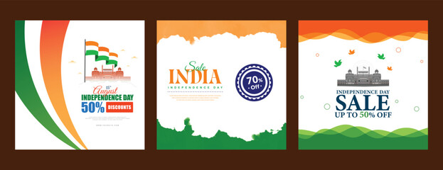 Sticker - vector illustration of 15th August india Happy Independence Day social media three post design with abstract grunge watercolor background