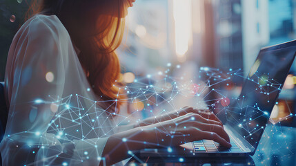 Poster - Female hands with laptop. Young woman working remotely at home. Concept of networking or remote work. Global business network. Online courses