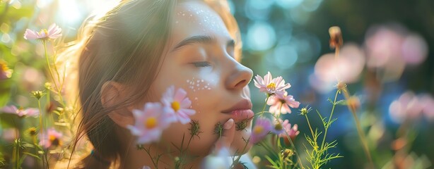 A person smelling flowers in a spring garden, ample copy space