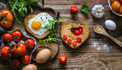 Wall Mural - Breakfast on Valentine's Day - fried eggs and bread in the shape of a heart and fresh vegetables. Top view