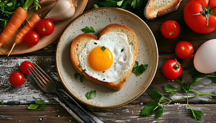 Wall Mural - Breakfast on Valentine's Day - fried eggs and bread in the shape of a heart and fresh vegetables. Top view