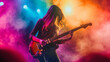 © XaMaps - A vibrant scene of a female rocker electrifying the stage with her guitar amidst cheering fans.