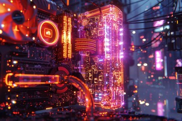 Sticker - High tech cyberpunk city with neon lights and advanced technology highlighting a futuristic urban landscape with intricate details and vibrant colors