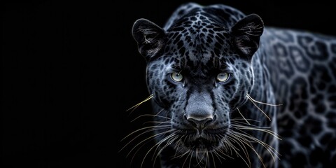 Animals Black Background. Close-up of Panther on Black Background with White Light. Wild Predator Series Design