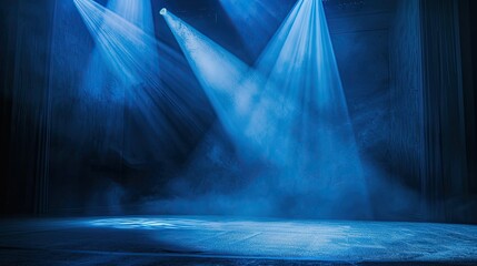 Poster - Blue spotlight illuminating a dim stage with striking light and dark contrast