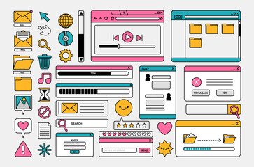 90s retro desktop interface. Retro user computer elements. Vintage old vaporwave icons and screens, UI and UX themes. Nostalgic digital objects for pc 2000s. Vector set