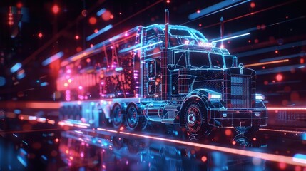 Wall Mural - Neural lowpoly AI futuristic neon network of truck