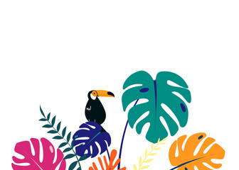 Poster - Toucan botanical border png, colorful summer aesthetic tropical background with toucan and flaming, transparent background