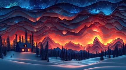 A paper-cut scene of the northern lights dancing over a snowy landscape with paper-cut pine trees and a log cabin. 