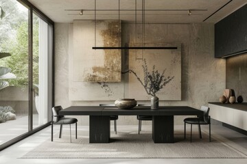 Wall Mural - Interior of modern dining room with concrete walls, concrete floor, black round table with black chairs and vases.