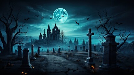 Graveyard cemetery to castle In Spooky scary dark Night full moon