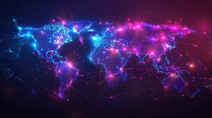 Wall Mural - Neural lowpoly AI futuristic neon network of world map