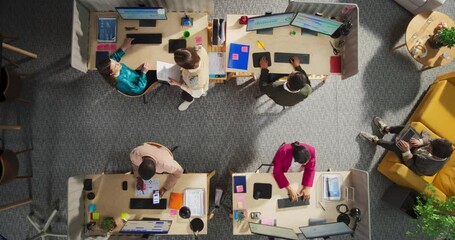 Leinwandbilder - Top Down View: Multicultural Team Working in a Corporate Office. Professional Project Managers Analyze Data, Discuss Strategies, and Use Desktop Computers. Creative Workspace Of Advertising Agency