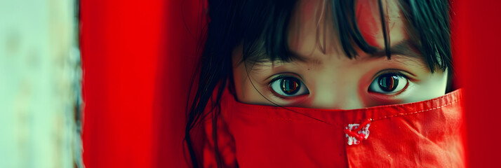 Wall Mural - scared chinese little girl, hiding, indoor, red clothes