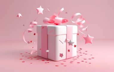 Wall Mural - A white box with pink ribbon and pink stars on it