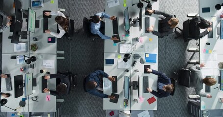 Aufkleber - Top Down View Of Diverse Colleagues Working In Corporate Office Of Hedge Fund. Using Desktop Computers, Discussing Documents, Analyzing Data. Concept Of Teamwork And Professional Business Environment.