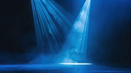 Wall Mural - Vibrant blue spotlight casting light on dark stage, creating dramatic contrast