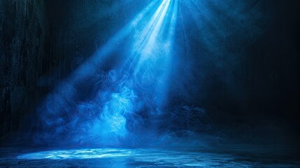 Poster - Vibrant blue spotlight casting light on dark stage, creating dramatic contrast