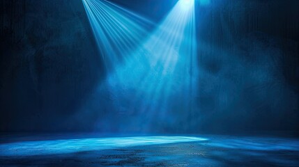 Wall Mural - Vibrant blue spotlight shines on dim stage, creating dramatic light contrast