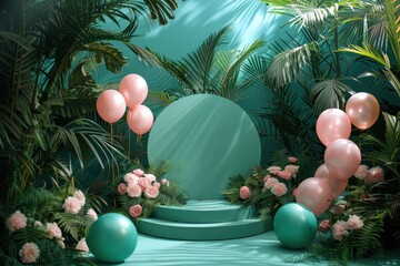 Wall Mural - A green and pink jungle scene with a large green circle in the middle