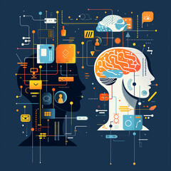 Wall Mural - A computer brain is shown next to a human brain. The computer brain is shown as a series of wires and circuits, while the human brain is shown as a more organic and complex structure