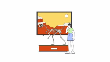 Poster - Asian woman looking at velociraptor fossil exhibit line 2D character animation. History museum tour flat color cartoon 4K video, alpha channel. Korean female animated person on white background