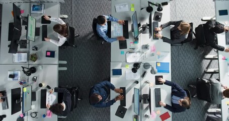 Aufkleber - Top Down View of Multiethnic Team in a Corporate Office, Working on Desktop Computers And With Financial Documents. Colleagues Working Creating Reports, Developing Business Strategies For Hedge Fund.