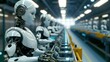 © fatman - A line of robots positioned next to each other on a moving conveyor belt in a factory production line, A robot's factory production line in a hyper-automated future, AI Generated