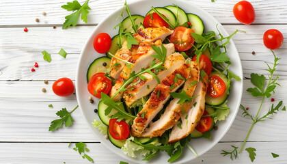 Wall Mural - Salad of chicken breast with zucchini and cherry tomatoes on wooden table