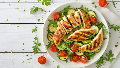 Poster - Salad of chicken breast with zucchini and cherry tomatoes on wooden table