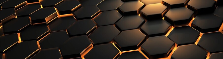 Wall Mural - This is a luxury hexagonal abstract black metal background with golden light lines. It has a dark geometric texture illustration. It has a bright grid texture. It has a pure black horizontal banner