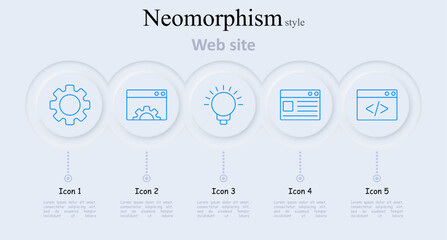 Web site set icon. Gear, browser, light bulb, web page, code. Internet, website, development, web design, coding, programming, technology, interface, user experience, digital, online, innovation