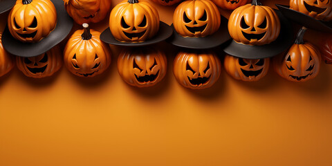 Wall Mural - Happy Halloween Holiday Concept For Greeting Card Banner On Orange Background With Copy Space