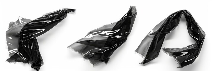 Poster - Set of textures with plastic wrap. Wrinkled stretched plastic effect. Transparent plastic wrap on black background.