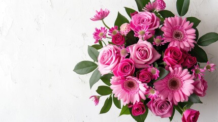 Wall Mural - Fresh pink roses gerberas and alstroemeria bouquet on white background with space for text