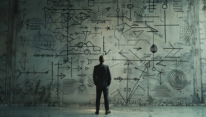 A businessman standing in front of an intricate drawing on the wall, with arrows pointing towards different directions