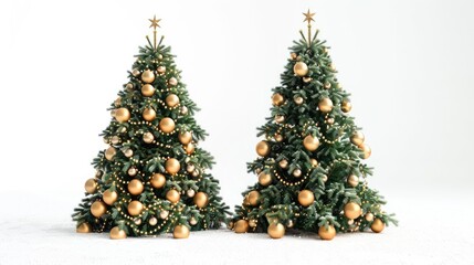 Sticker - Two Tall Christmas Trees with Golden Disco Balls on White Background