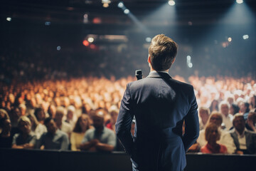 Wall Mural - Generative AI illustration motivational speaker with microphone in hand in front of audience at conference room