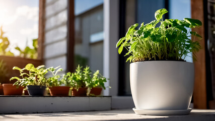 A pot of green plants is placed in a garden background., Placed as decoration on the wooden table, Growing a vegetable and plants for relaxing, Green plants in a white pot, Green plant on a white pot.