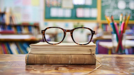 Leinwandbilder - Importance of Education with School Supplies and Glasses on Book in Classroom