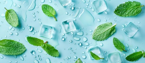 Wall Mural - Refreshing Mint and Ice Cubes on a Blue Background